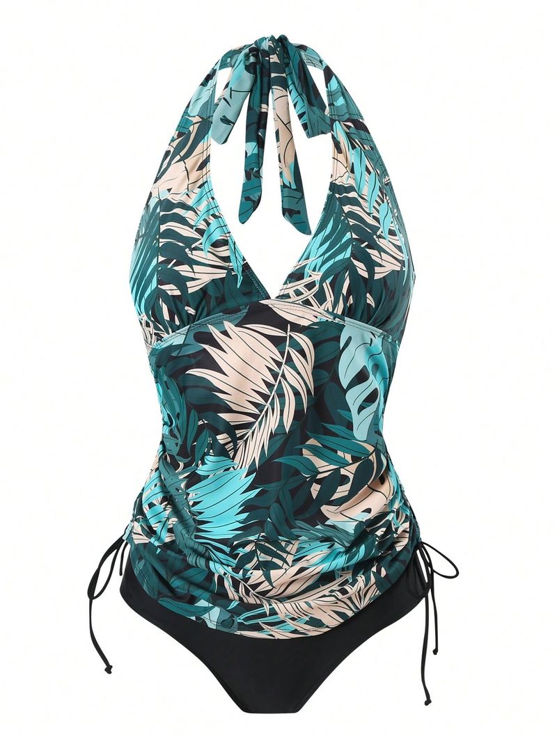 Women's Tight-Fit Halter Swimsuit - Maple Leaf Print Bikini Set With High-Cut Briefs & Adjustable Ties (Modest & Stylish)​_voghion.com