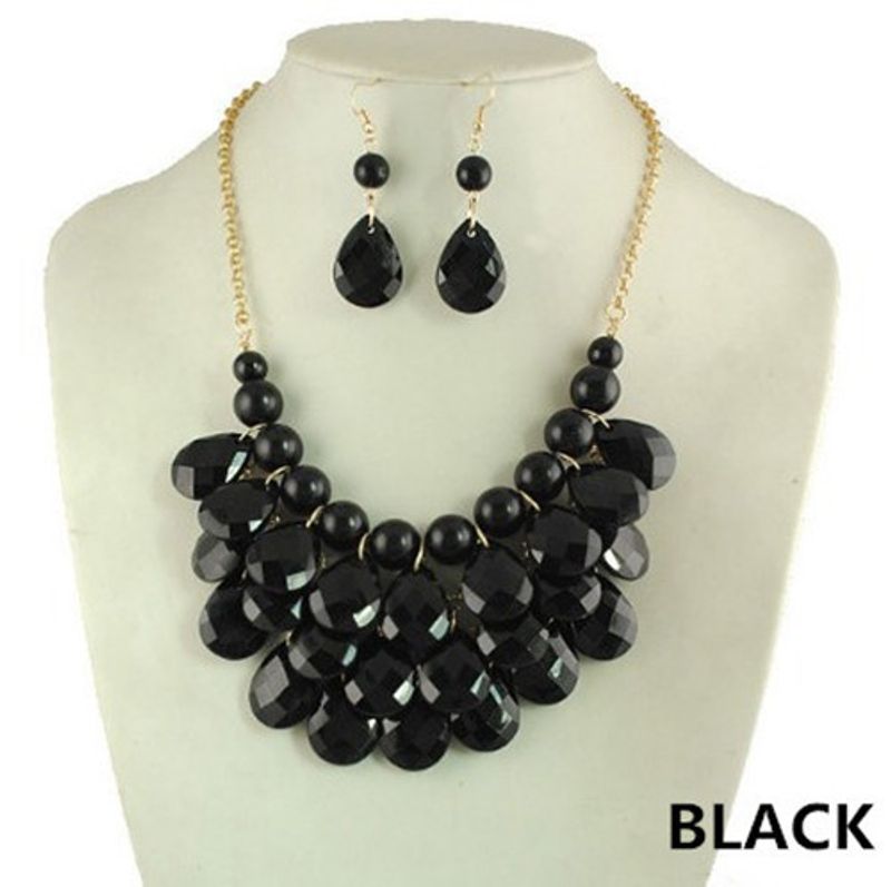 Korean style fashionable and sweet multi-layered drop-shaped acrylic tassel necklace and earrings set clavicle chain_voghion.com