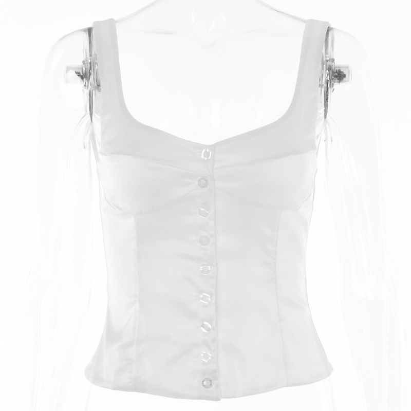 Damen-Bluse mit quadratischem Kragen, Neckholder, kleiner Knopf, rückenfrei, ärmellos, kann mit Weste abgedeckt werden_voghion.com