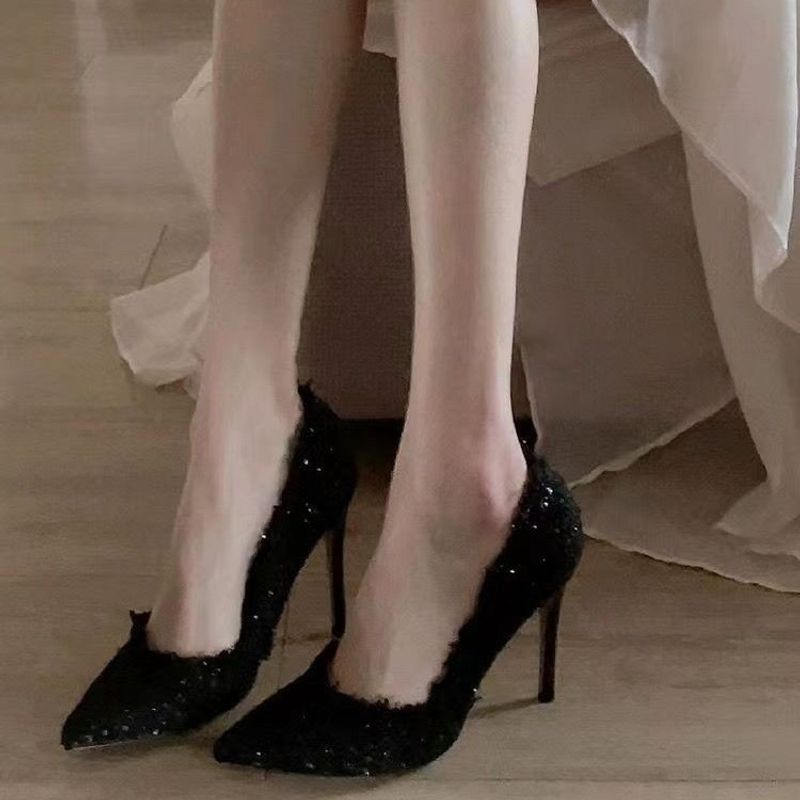 Zapatos de tacón alto y fino para mujer, otoño e invierno, tejidos, puntiagudos, franceses, pequeños y fragantes, 2024_voghion.com