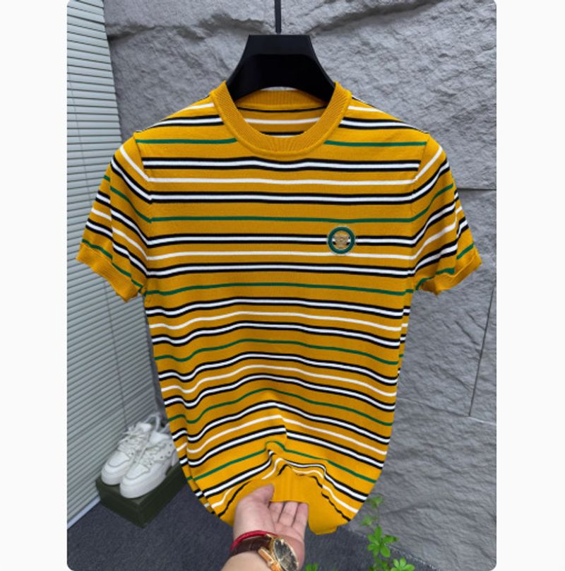 T-shirt d'été à manches courtes pour homme, tendance jeunesse, rayé, soie glacée, demi-manches, col rond, polo fin_voghion.com