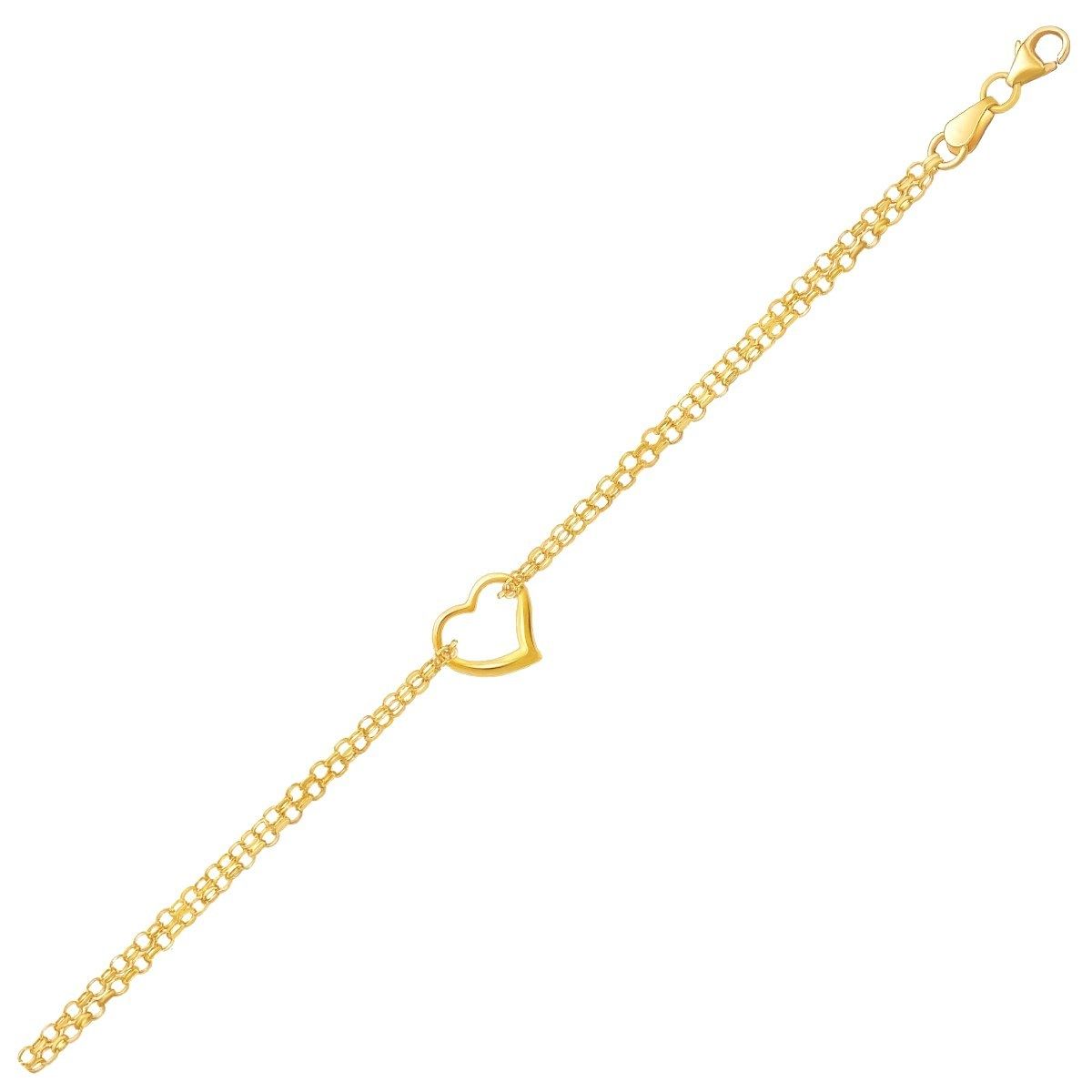 10k Yellow Gold Double Rolo Chain Anklet with an Open Heart Station_voghion.com