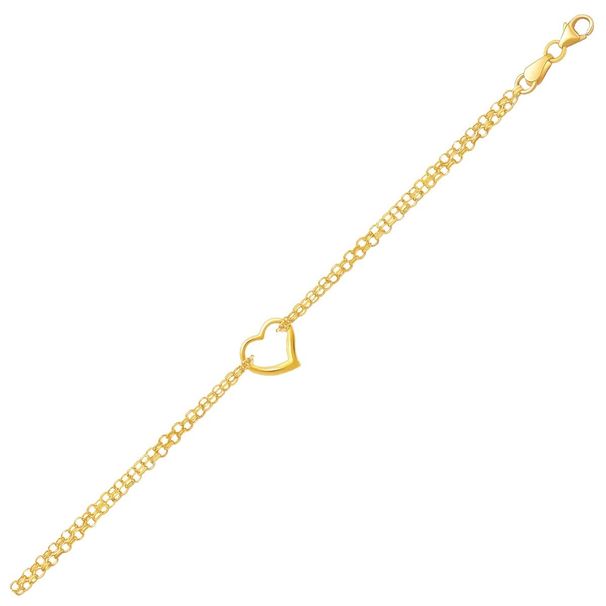 10k Yellow Gold Double Rolo Chain Anklet with an Open Heart Station_voghion.com