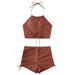 GraceChic Two-Piece For Women With High-End Feel, Flat-Crotch Swim Trunks, Halter Neck Tie, Backless Huludao Swimsuit_voghion.com