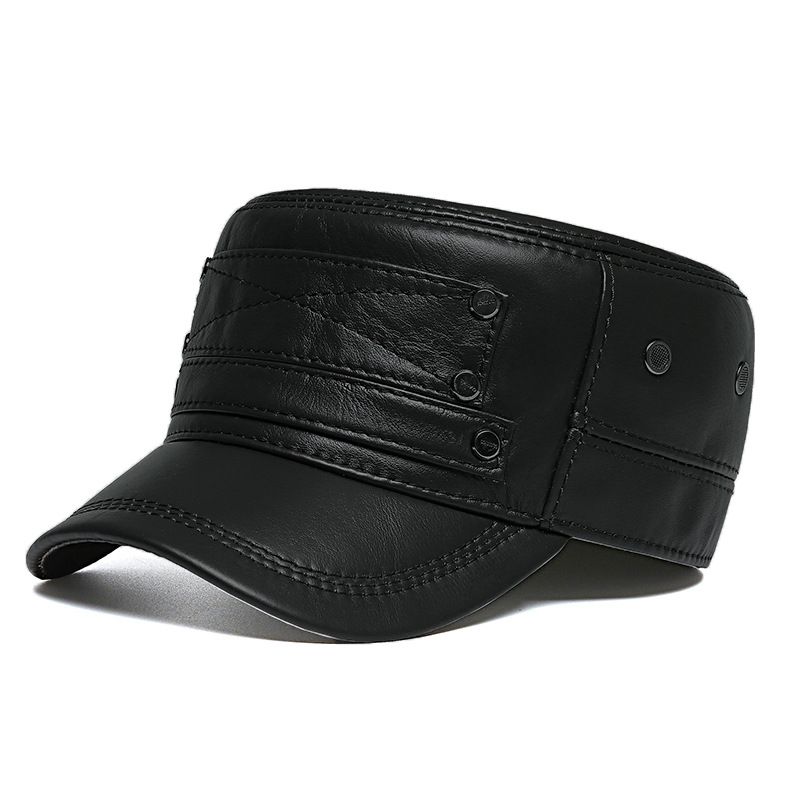 Echtes Leder Hut Herren Herbst und Winter winddicht warm Rindsleder Hut Oberschicht Rindsleder lässig einfache flache Kappe_voghion.com