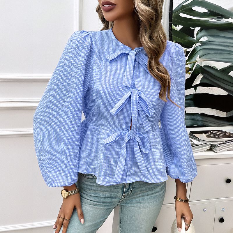 Lässiges, langärmliges Hemd mit Puffärmeln und Rundhalsausschnitt für Damen_voghion.com