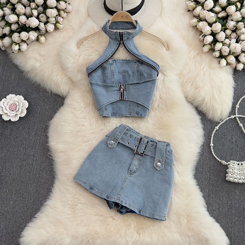 Ensemble deux pièces en jean pour femme, haut court et jupe à col licou, style streetwear, été_voghion.com