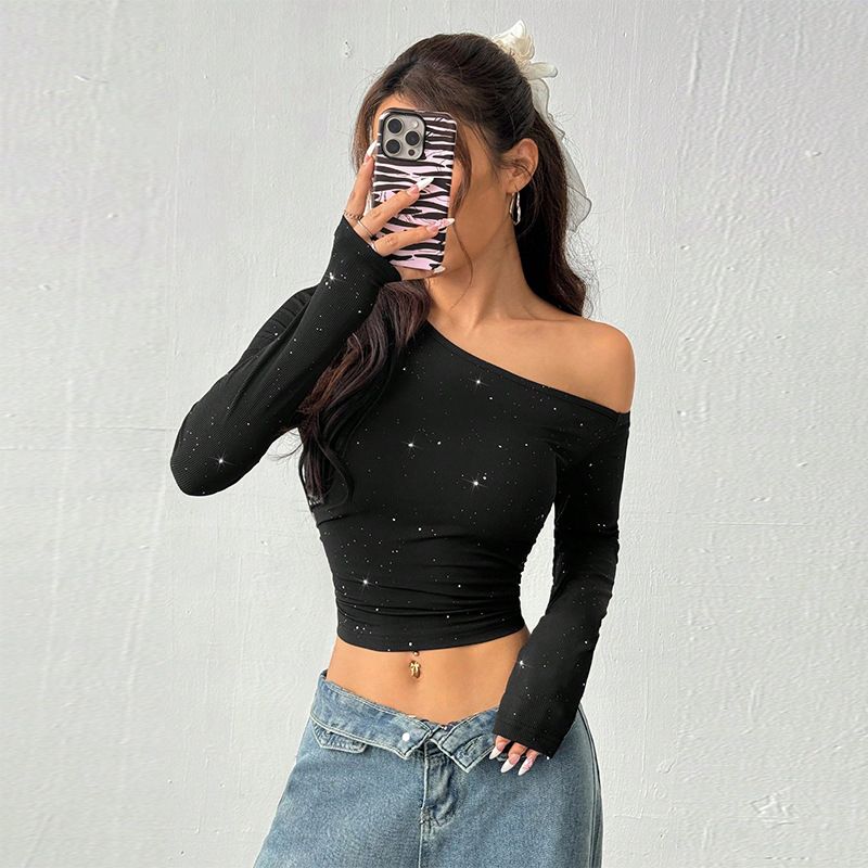 Schulterfreies Langarm-T-Shirt für Damen mit Strasssteinen – Slim Fit-Strickoberteil für Freizeit- und Partykleidung_voghion.com