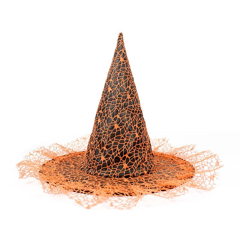 New Halloween Hat Witch Party Decoration Curved Mesh Pumpkin Print Wizard Witch Hat Black Pointed Wizard Hat_voghion.com