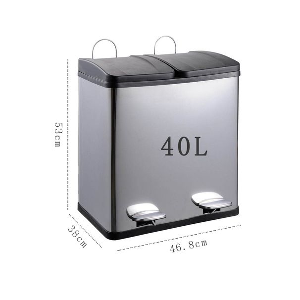 Kapaklı Paslanmaz Çelik Çift Bölmeli Basamaklı Çöp Kutusu - 48L/60L Büyük Kapasiteli Mutfak ve Ofis Atık Kutusu Kuru ve Islak Ayırma İçin_voghion.com