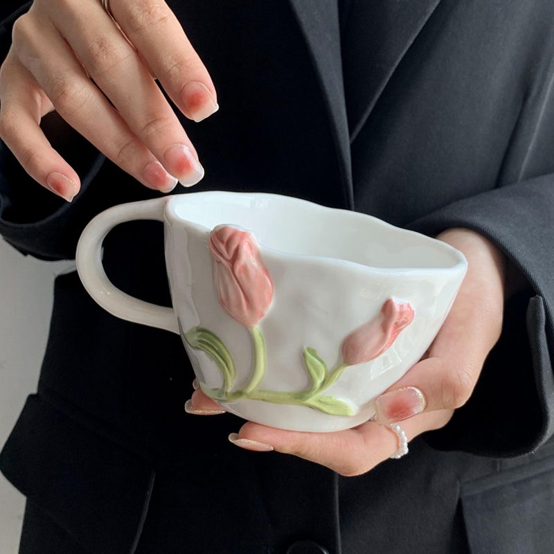 Tulip Ceramic Mug Design Sense 3D Relief Water Breakfast Coffee Household Drinking Cup_voghion.com