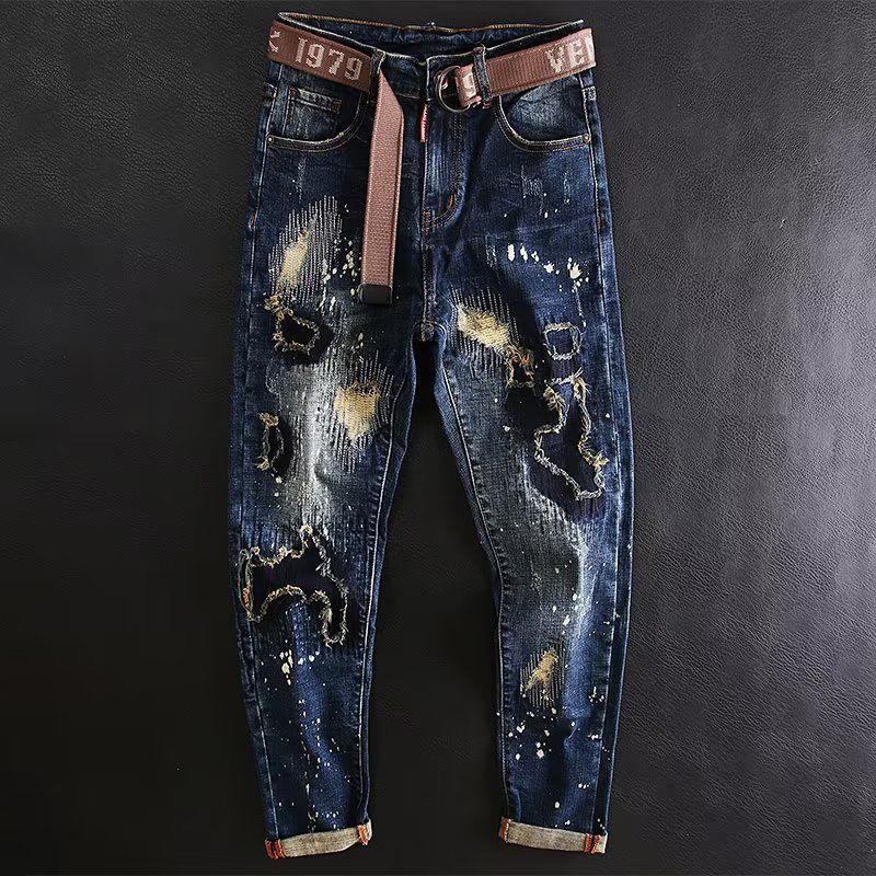 2023 Spring And Autumn New Style D2 Trendy Men's Washed Frayed Hole Patch Paint Elastic Slim Straight Blue Jeans For Men_voghion.com