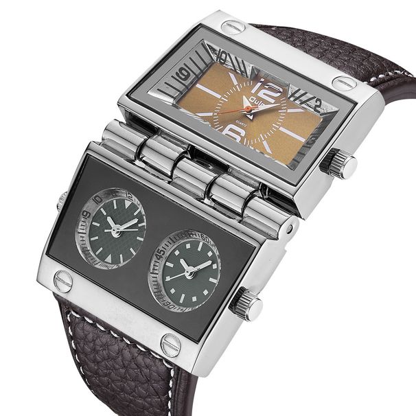 Men's Stylish Multi-Time Zone Quartz Watch With Large Square Dial, Genuine Leather Strap, And 30M Water Resistance_voghion.com