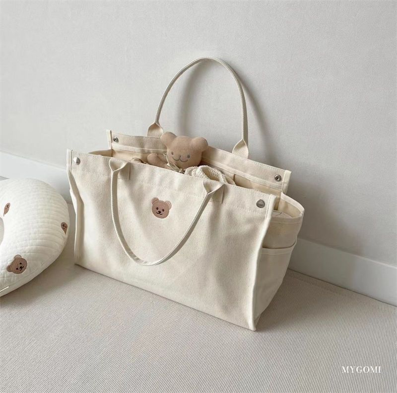 Lässige, einfache, vielseitige Tragetasche aus Segeltuch mit Bärenstickerei für Mama und Baby_voghion.com