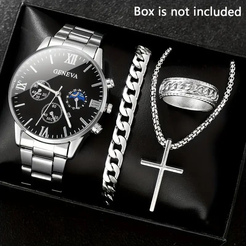 Men's Business Watch Three Eye Calendar Roman Scale Quartz Watch Cross Necklace Bracelet Ring Set_voghion.com