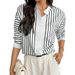 Camicia a righe con bottoni da donna - Camicetta con stampa digitale a contrasto (camicia da ufficio a maniche lunghe, tessuto leggero, top casual alla moda)_voghion.com