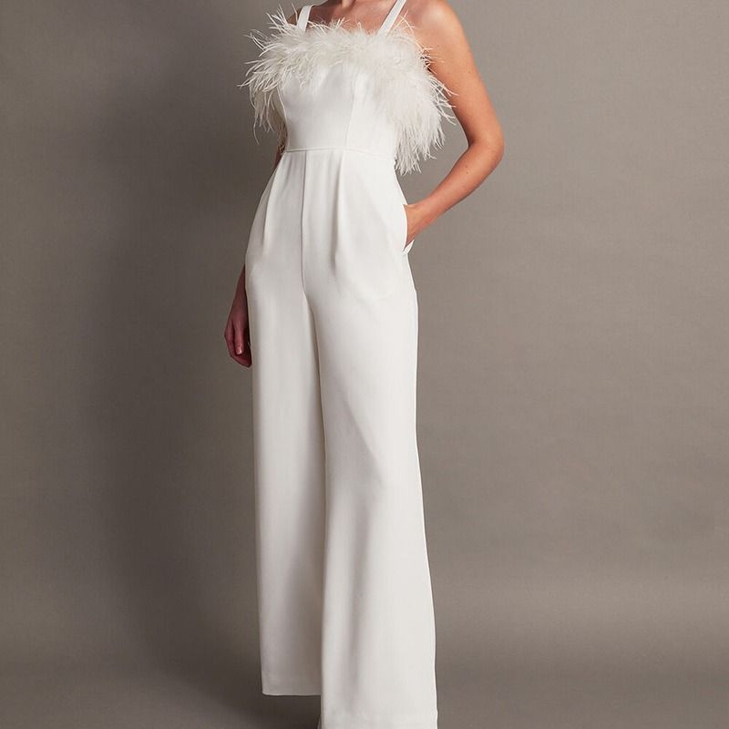 Dameskleding Lente en zomer Nieuwe veren tube top effen kleur broek een schouder rugloos sexy jumpsuit_voghion.com