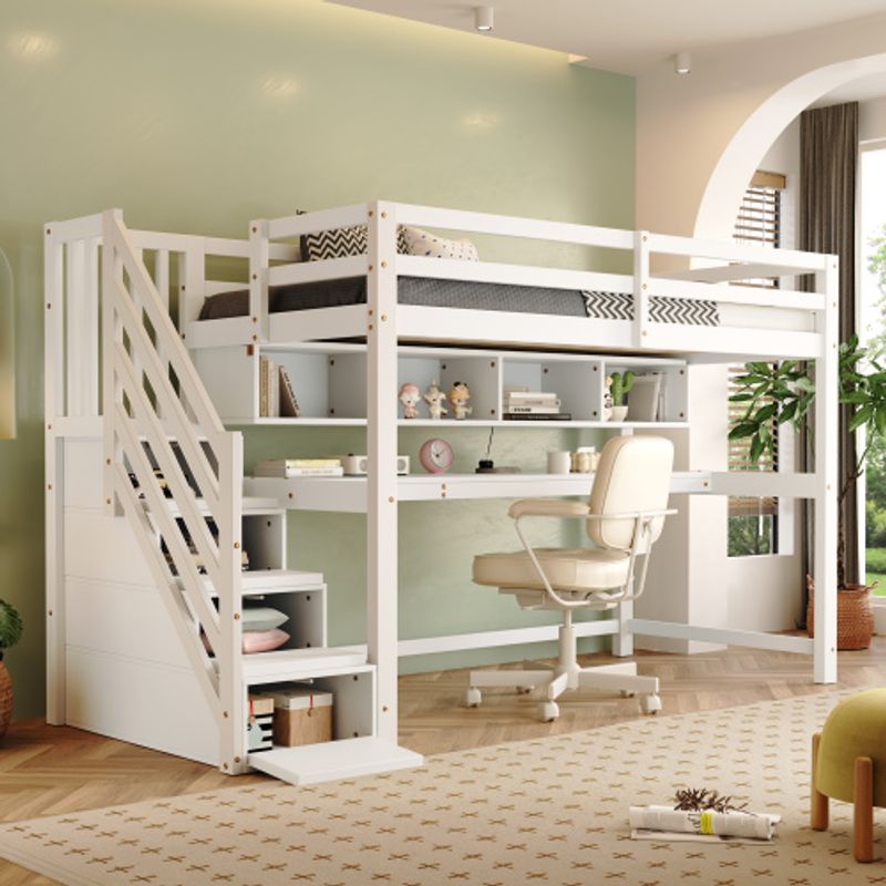 Lit d'enfant avec treppe en bois 90 x 200 cm, bois massif + MDF, étagère, lit d'enfant avec gros motifs et couleurs, couleurs douces, blanc [OLD SKU: N634P18638123A]_voghion.com