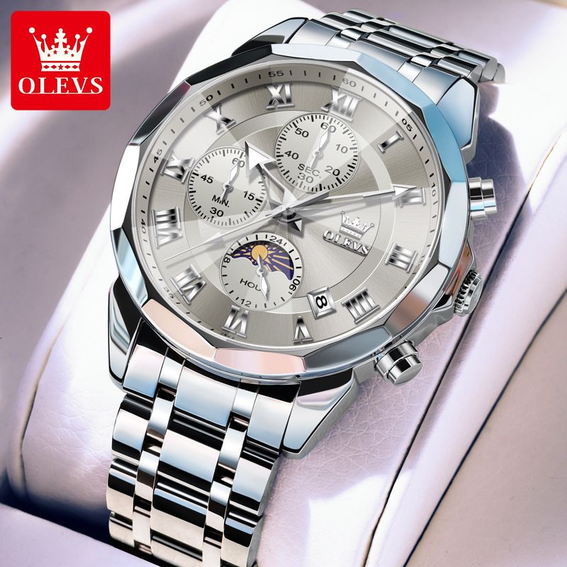 Oulishi Business Solid Steel Belt Butterfly Buckle Watch Multi Functional Three Eye Timing Calendar Men's Watch_voghion.com