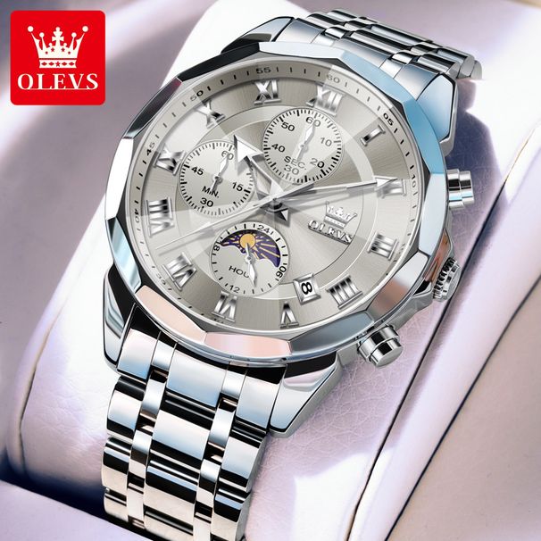 Oulishi Business Solid Steel Belt Butterfly Buckle Watch Multi Functional Three Eye Timing Calendar Men's Watch_voghion.com