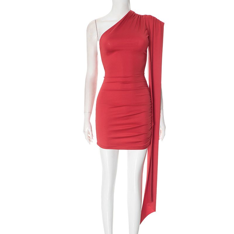 Vestido corto con lazo en los hombros oblicuos y sexy de color liso a la moda para mujer_voghion.com