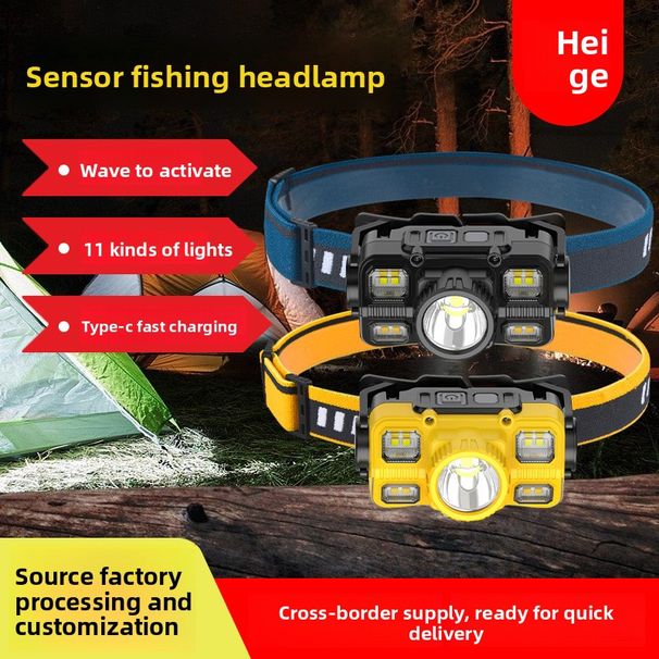 Nowa, mocna, przenośna, czerwona latarka czołowa z czujnikiem fali, przeznaczona do wędkowania, biwakowania i biegania w nocy._voghion.com