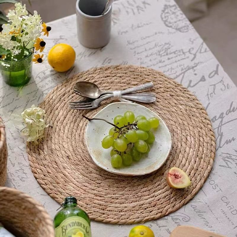Dinnerware Round Placemat 38CM Plant Tableware Cattail Non Slip Seagrass Kitchen Woven Insulation Pad_voghion.com