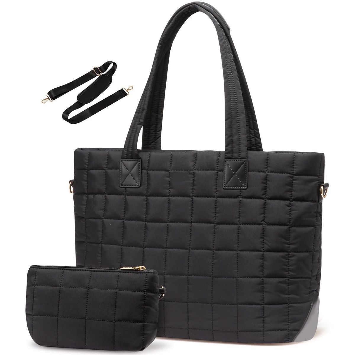 Bolso de mano de plumas para mujer, bolso para computadora portátil, bolso de mano de trabajo mullido con cremallera acolchada_voghion.com