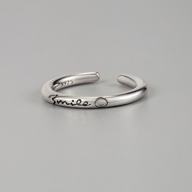 Anello aperto minimalista in argento puro con faccina sorridente inglese in stile Dongdaemun coreano, tendenza moda donna_voghion.com