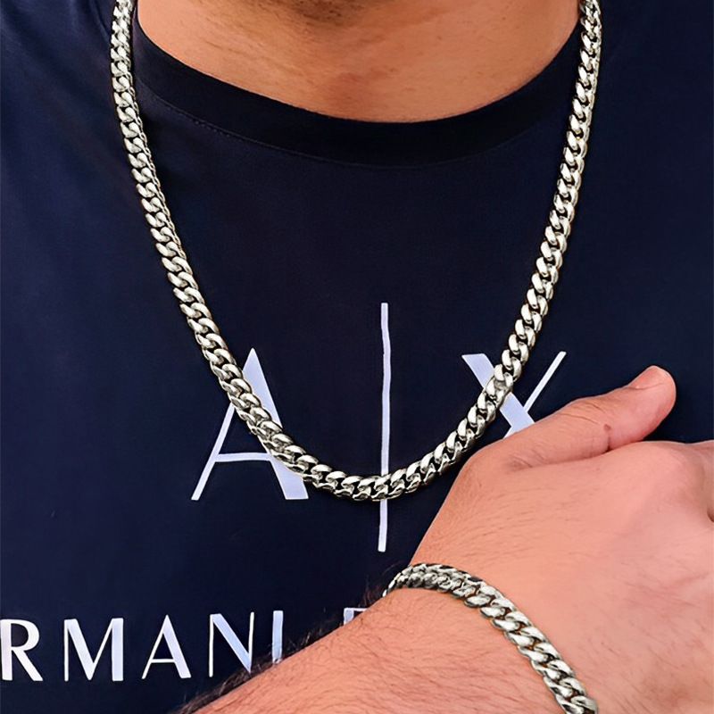 European and American Cuban chain bracelet men's thick bracelet cross border personality hip hop stainless steel bracelet necklace 2 piece set_voghion.com