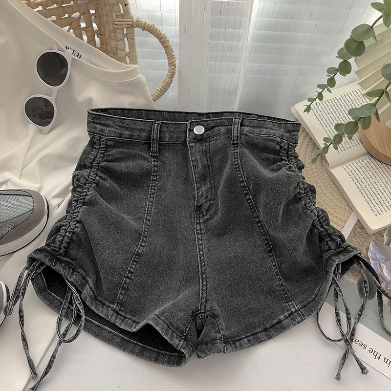 Pantaloncini in denim elastici a vita alta con coulisse annodati per l'estate 2024 da donna, nuovi pantaloni corti a gamba larga modello spicy girl dal taglio dritto_voghion.com