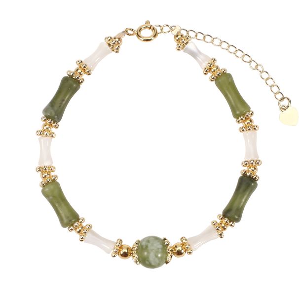 Bamboo Peridot Shell Round Beads Natural Stone Bracelet Necklace Set Female Adjustable_voghion.com
