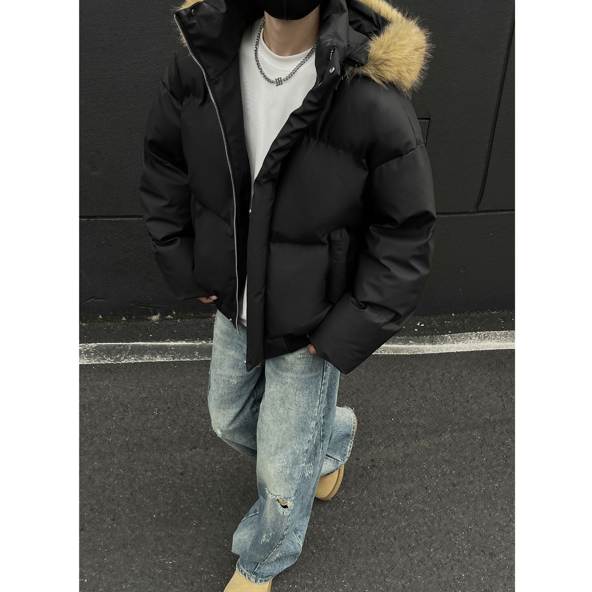 PU Leather Bomber Jacket With Detachable Fur Hood – Unisex Winter Coat (M-2XL, 200g Filling)_voghion.com