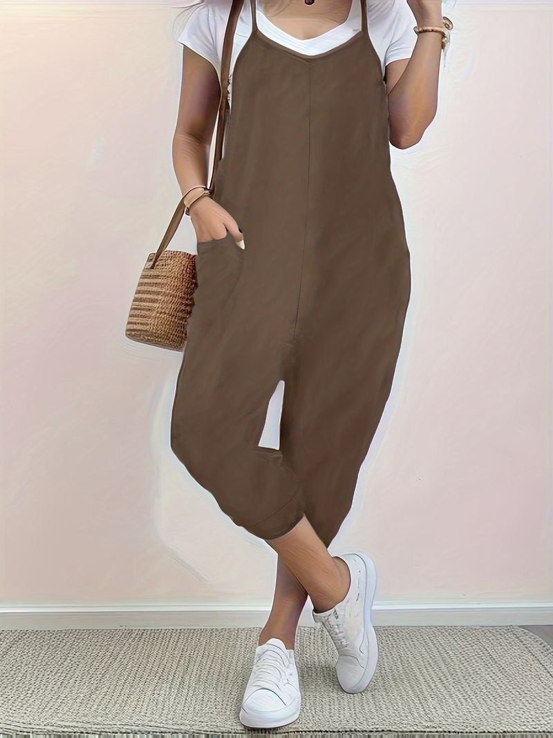 Cross border Autumn Hot Sale New Arrivals Solid Color Pocket Suspenders Loose Casual Jumpsuit Women's Overalls_voghion.com