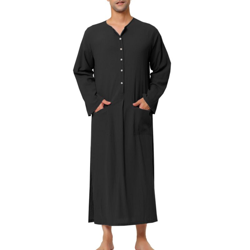 Nueva ropa musulmana de verano para hombre, túnica holgada de algodón de color sólido de manga larga, túnica musulmana de Oriente Medio para hombre_voghion.com