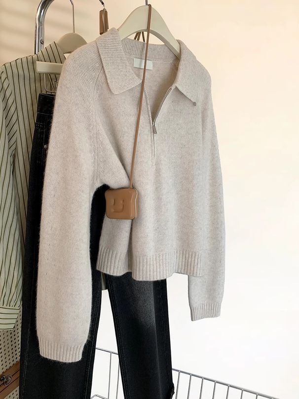 Women's Clothing Half-Zip Wool Knit Sweater - Soft Merino Pullover With Collar, Elegant Gray & Beige, Versatile Fall Winter Layering Essential_voghion.com