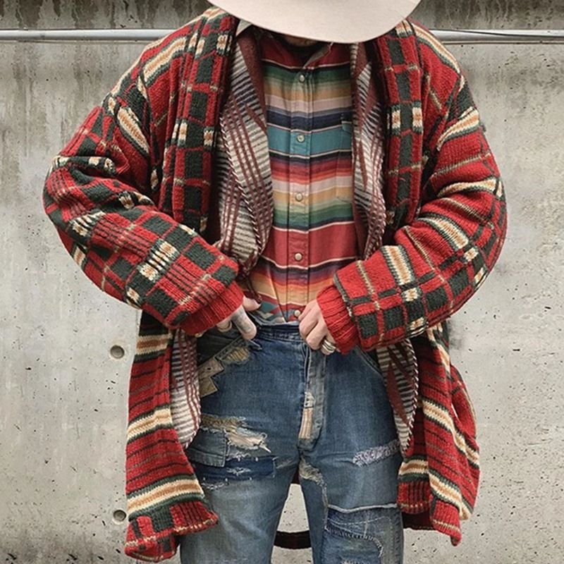 Men's Clothing autumn and winter men's fashion plaid knit cardigan long loose fit plus size sweater jacket for men SY0005_voghion.com