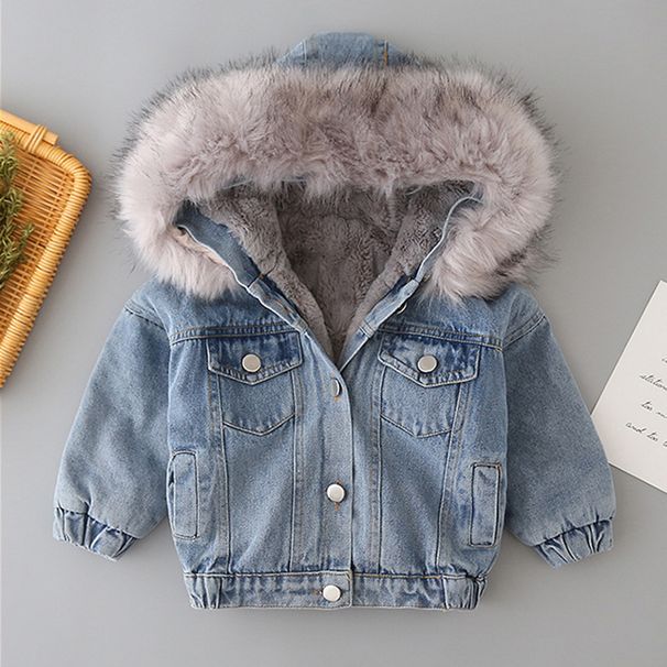 Giacca invernale per bambini con cappuccio in pelliccia sintetica, caldo cappotto in denim foderato in pile per ragazzi e ragazze, capospalla imbottito in cotone spesso (rosa/blu/grigio, 80-130 cm)_voghion.com
