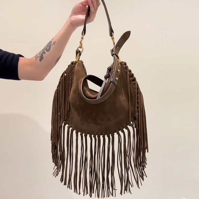 Sac à main multifonction à franges en daim couleur café 2025_voghion.com