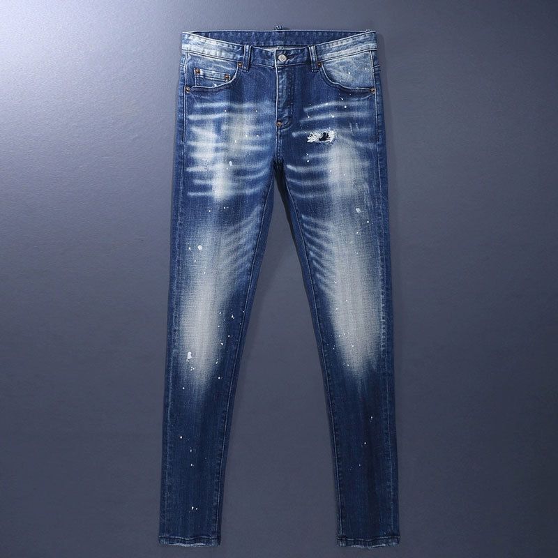 Abbigliamento Uomo Jeans Uomo Blu Vecchio Lavato Patch Buchi Vernice Trendy Marchio Slim Fit Pantaloni Skinny Uomo_voghion.com