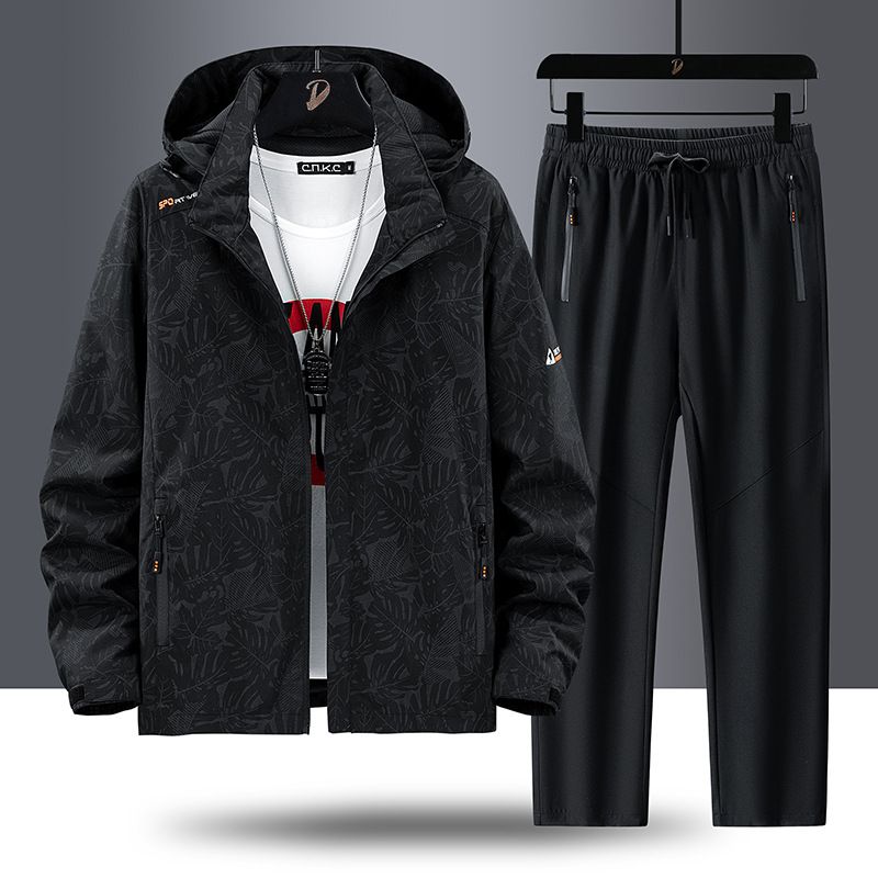Herenkleding Lente- en herfstsportjas tweedelig pak heren casual afneembare capuchon heren winddichte en waterdichte jas herenpak trendy_voghion.com