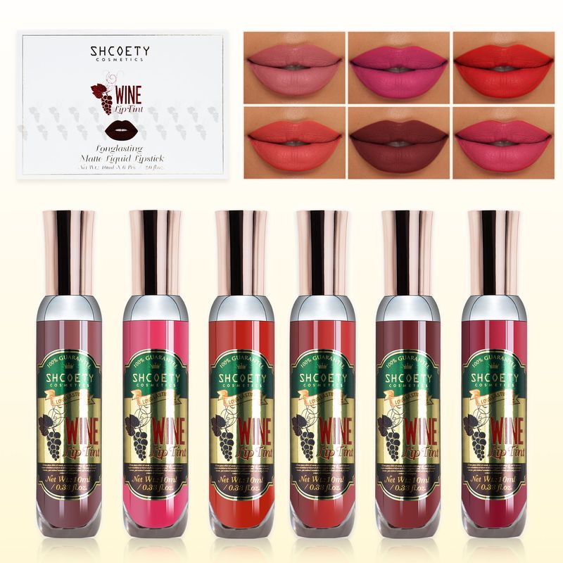 SHCOETY Weinflaschen-Tönungsset – 6 matte Lippenstiftfarben, nicht abfärbend und langanhaltend – Flüssiges Lippenstiftset_voghion.com