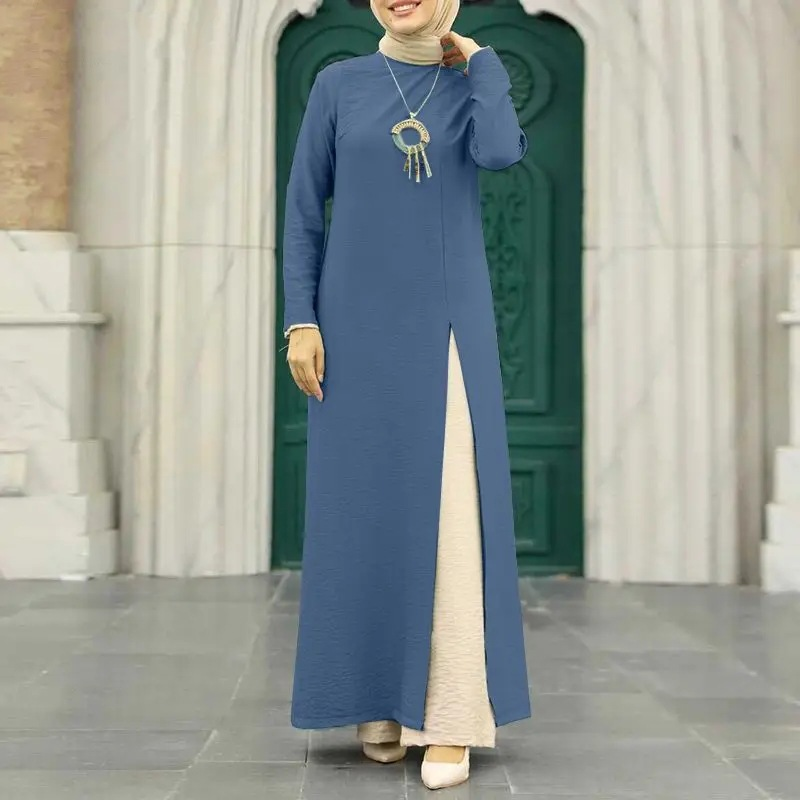 Damkläder issiden skrynklig långärmad hög slitsfåll klänning moderiktig enfärgad elegant intellektuell damrock_voghion.com