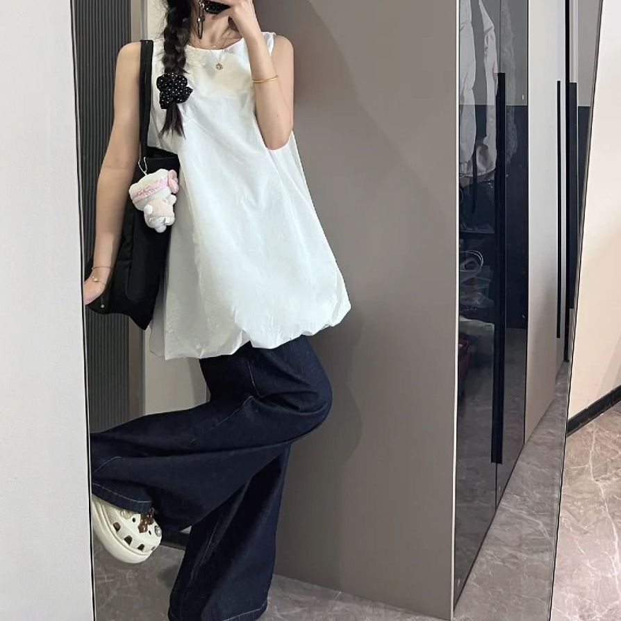 Gilet con maniche a lanterna in tinta unita per donna, nuovo abito senza maniche versatile a trapezio e snellente, alla moda estiva 2025_voghion.com