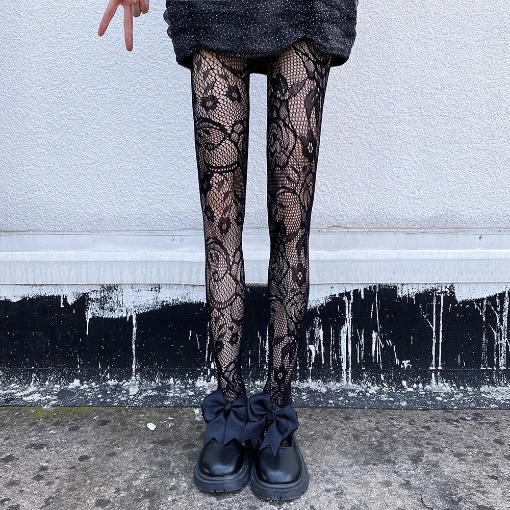 Calzini JK in stile scuro con cinturini, calzini neri giapponesi carini anti-impigliamento, calzini sottili a rete cava, stile celebrità di Internet_voghion.com