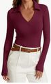Top a maniche lunghe slim fit con revers tinta unita, stile casual e versatile, da donna, stile 2024_voghion.com