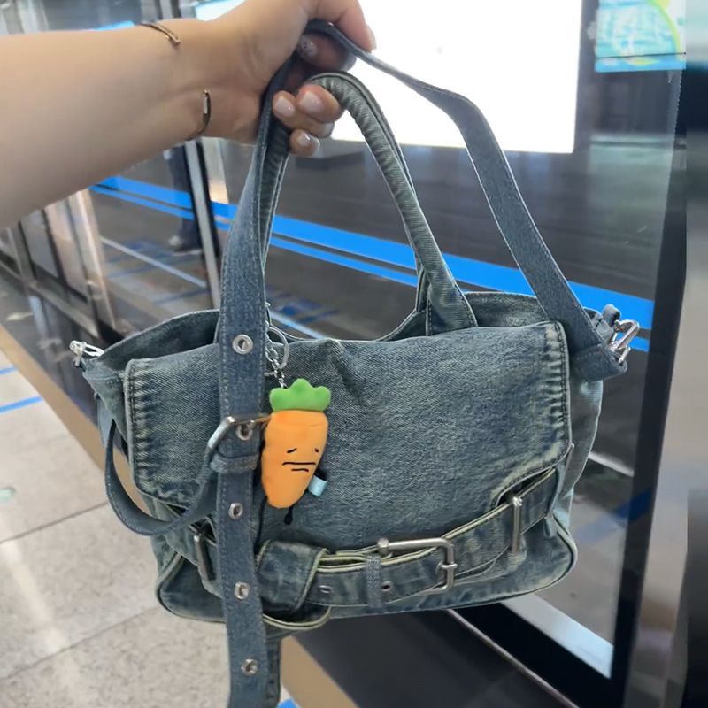 Borsa a tracolla leggera multifunzionale in denim lavato per pendolari, stile pigro, alla moda, versatile_voghion.com