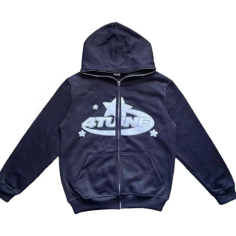 Felpa con cappuccio con stampa di lettere a stelle Felpa con cappuccio da uomo con zip retrò a maniche lunghe allentata Cappotti Haruku Felpa con cappuccio gotica casual Y2K_voghion.com