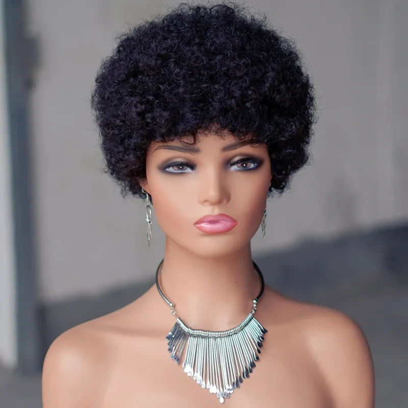 Peruci creț creț cu breton 180% densitate păr uman Remy brazilian, peruci complete făcute la mașină, peruci scurte afro creț pentru femei_voghion.com