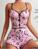 Sleepwears Nya produkter Hjärtformat tryckt Kontrastfärg Hemkläder Front Slit Suspender Pyjamas Set_voghion.com